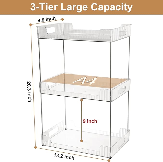 3-Tier Bathroom Counter Organizer, Multi-Purpose Cosmetics Skincare Shelf, Fits A4 Size Makeup Organizer for Office and Vanity Tray, Countertop Storage Solution for Kitchen,Bath.(Clear)-NeatNest