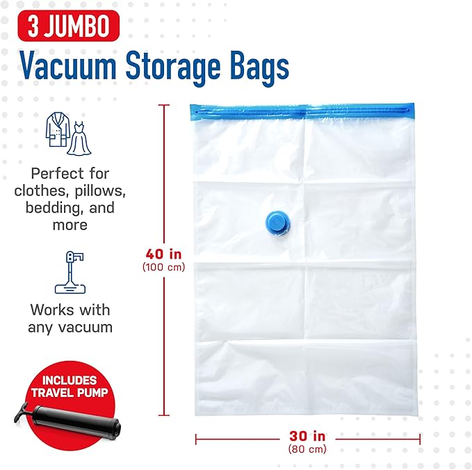 Spacesaver 3 Pack Jumbo Vacuum Storage Bags - 40" x 30 Heavy Duty Blanket Storage Bag with Pump - Space Saver for Clothes, Comforters, and Bedding - Compression Bags to Store Blankets for Travel-NeatNest