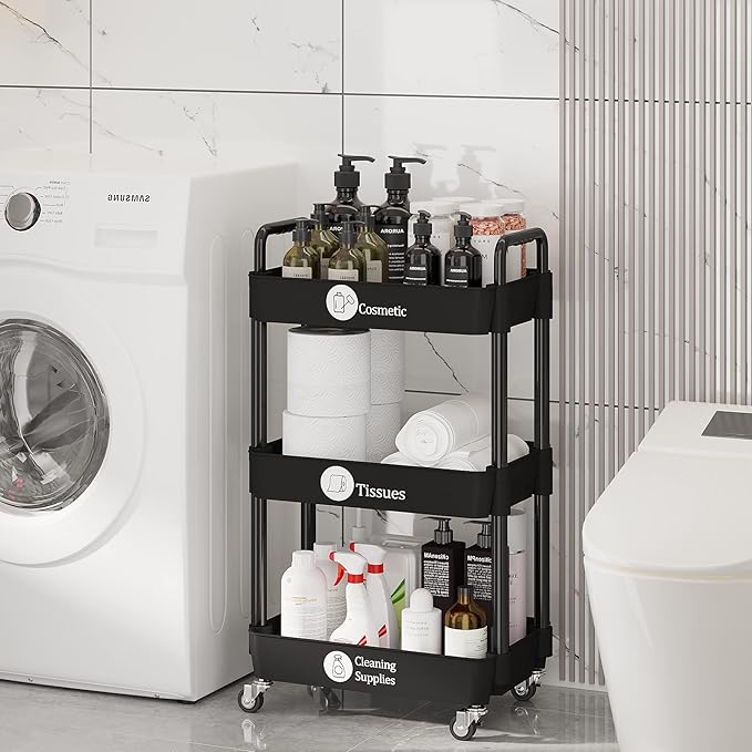 Laiensia 3-Tier Kitchen Storage Cart,Multifunction Utility Rolling Storage Organizer,Mobile Shelving Unit Cart with Lockable Wheels for Bathroom,Laundry,Living Room,With Classified Stickers,Black-NeatNest
