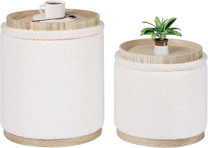 B FSOBEIIALEO Storage Ottoman Round Boucle Ottomans with Tray, Set of 2 Teddy Foot Rest Ottoman Cube with Storage for Living Room, Cream White 15"x15"x16.9"