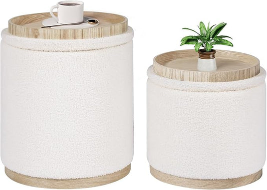 B FSOBEIIALEO Storage Ottoman Round Boucle Ottomans with Tray, Set of 2 Teddy Foot Rest Ottoman Cube with Storage for Living Room, Cream White 15"x15"x16.9"