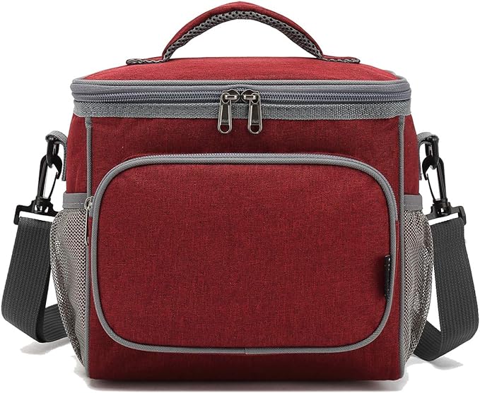 FlowFly Insulated Reusable Lunch Bag Adult Large Lunch Box for Women and Men with Adjustable Shoulder Strap,Front Zipper Pocket and Dual Large Mesh Side Pockets,Red-NeatNest