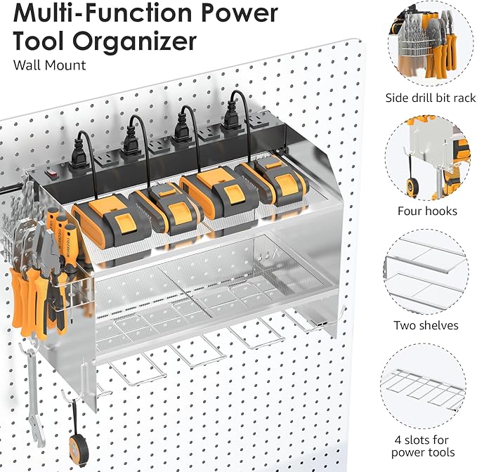 CCCEI Modular Power Tool Organizer Wall Mount with Charging Station. Garage 4 Drill Storage Shelf with Hooks, Drill Bit Heavy Duty Rack, Silver Tool Battery Holder Built in 8 Outlet Power Strip.-NeatNest