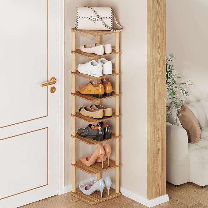 LUCKNOCK Vertical Shoe Rack, 8-Tier Tall Narrow Shoe Organizer for Entryway, Closet, Dorm & Small Spaces, Freestanding Wooden Shoe Shelf Tower for Boots, Sneakers, Heels. (Walnut)-NeatNest