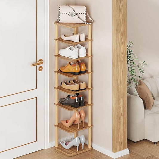 LUCKNOCK Vertical Shoe Rack, 8-Tier Tall Narrow Shoe Organizer for Entryway, Closet, Dorm & Small Spaces, Freestanding Wooden Shoe Shelf Tower for Boots, Sneakers, Heels. (Walnut)-NeatNest
