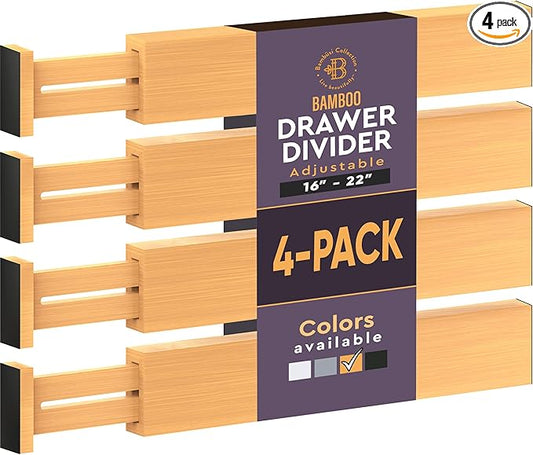4 Pack Drawer Dividers Bamboo 2.6" High, 16-22" Adjustable Drawer Organizers for Clothes, Expandable Dresser Separators in Bedroom/Bathroom/Kitchen/Office Organization and Storage (Natural)-NeatNest