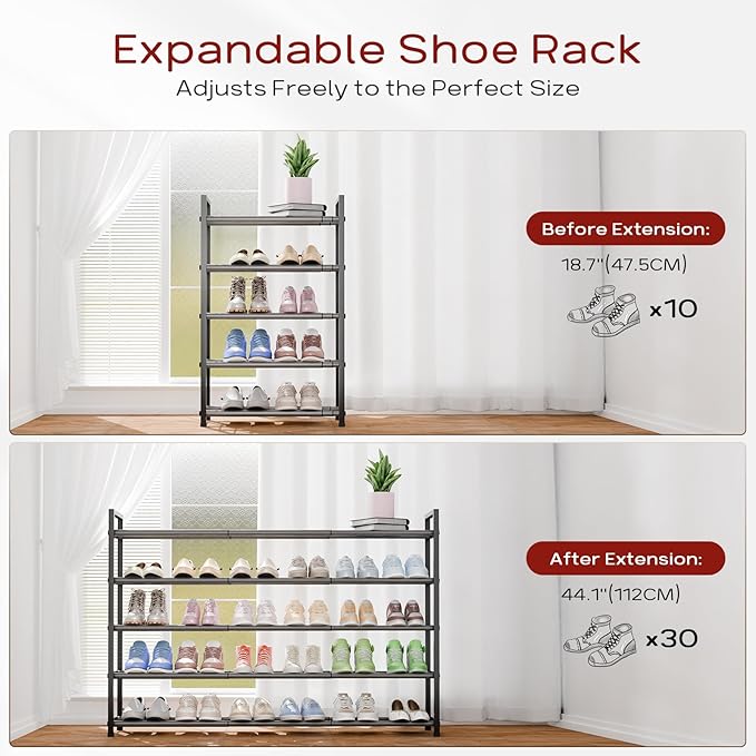 Bumusty 5-Tier Long Expandable Shoe Rack for Closet, 18"-44" Adjustable Shoe Rack for Entryway, 25-30 Pairs Large Shoe Organizer Shelf Storage, Sturdy Metal, Grey-NeatNest
