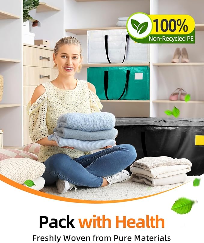 12 Pack Extra Large Moving Bags, Heavy Duty Packing Bags with Zippers and Handles for Space Saving, Clothes Storage, College Essentials, Travel, Black