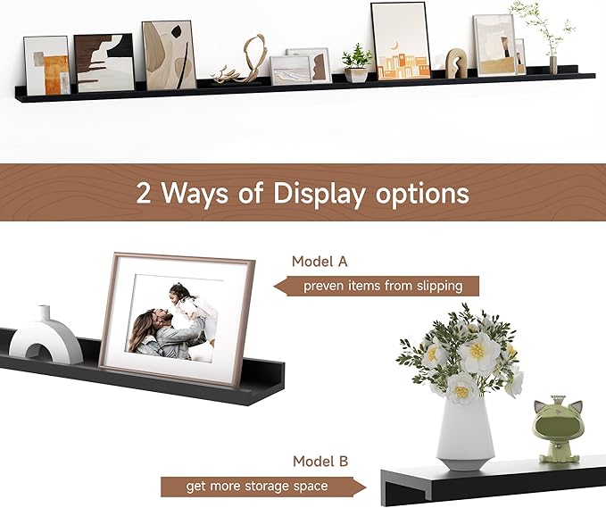 Floating Picture Ledge Shelves for Wall Set of 2, 84 Inches Picture Ledge Shelf with Long Large Nursery Book Shelf for Toys Storage Kids Bookshelf Wall Mounted Living Room Bedroom Decor Frames, Black-NeatNest