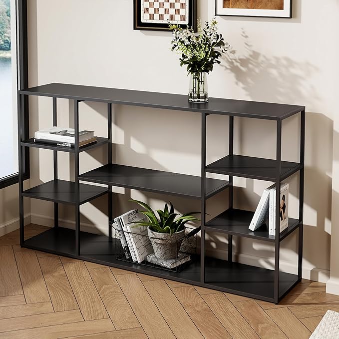 55 Inch Metal Console Table with 8 Storage Shelves,Extra Long Entryway Table,Narrow Sofa Table,Hallway Table for Entrances to Corridor, Foyer,Living Room (Black, 55.12×11.81×31.5in)-NeatNest