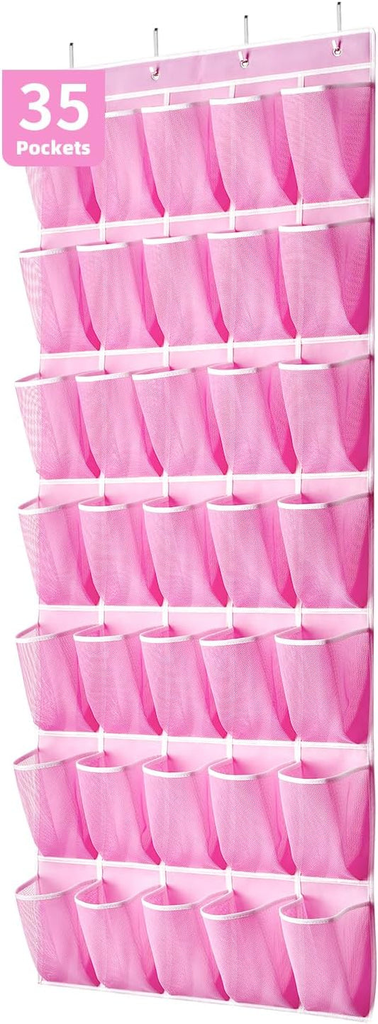 35 Pockets Over the Door Shoe Organizer, Hanging Shoe Organizer for Door with 35 Mesh Pockets Large Capacity Shoe Hanging Storage Bag with 4 Metal Hooks (Pink-1Pack)-NeatNest