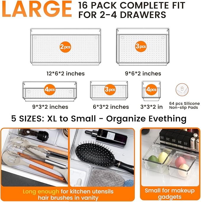 Criusia 16 Pack Large Clear Plastic Drawer Organizer Bins - 5 Size Acrylic Bathroom and Vanity Organizers and Storage Trays for Makeup Office Home, Kitchen Drawer Organizer for Utensils, Gadgets-NeatNest