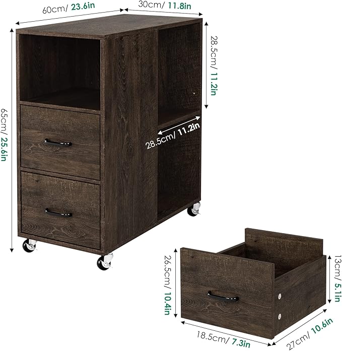 HOSTACK End Side Table, Narrow Nightstand with Storage Drawers and Adjustable Shelf, Rolling Bedside Table for Bedroom, Living Room, Home Office, Dark Brown, Set of 2