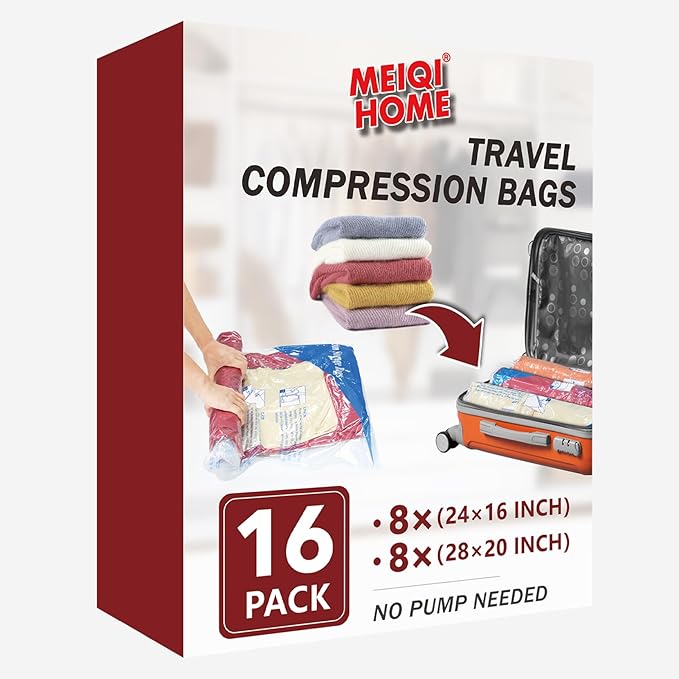 16 Pack Compression Bags for Travel | Vacuum Seal Storage Bags for Luggage & Dirty Clothes | Travel Packing Space Saver Bags for Suitcases & Home Organization | MEIQIHOME-NeatNest
