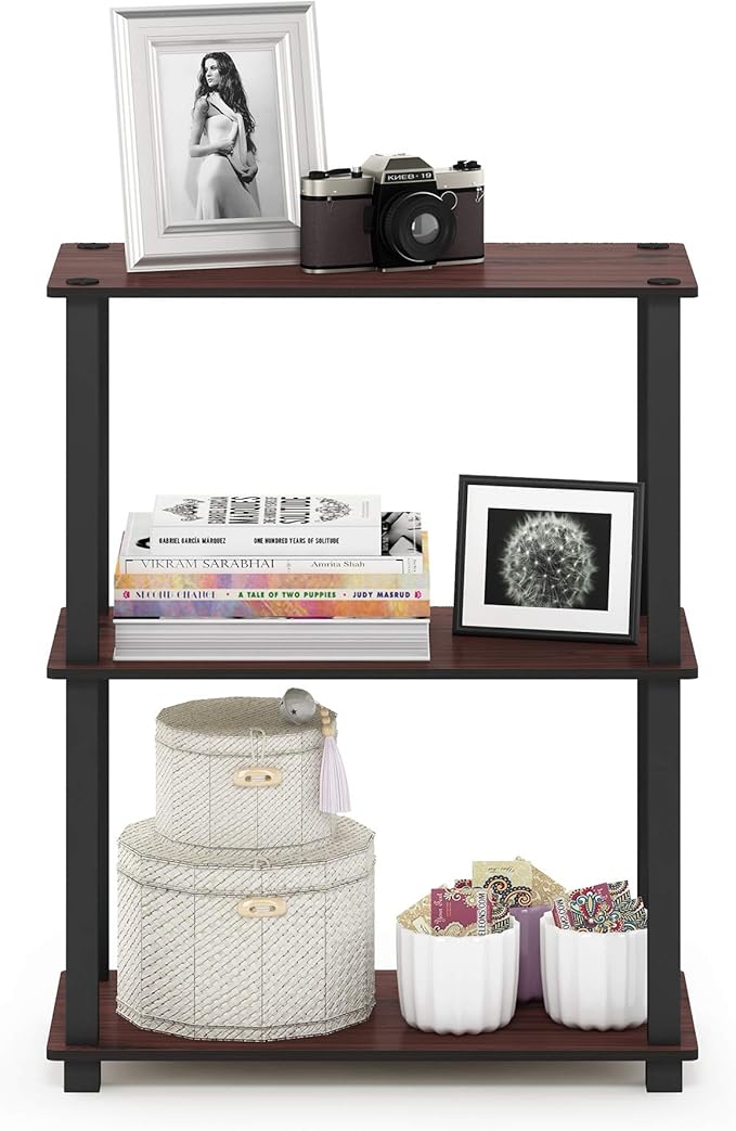 Furinno Turn-S-Tube 3-Tier Compact Multipurpose Shelf Display Rack with Square Tube, Dark Cherry/Black-NeatNest