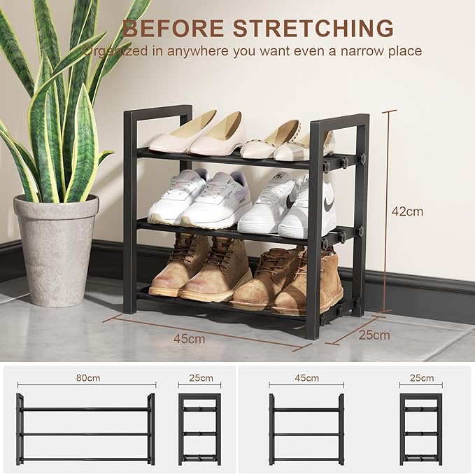 3-Tier Expandable Shoe Rack,Adjustable Shoe Shelf Storage Organizer Heavy Duty Metal Free Standing Shoe Rack for Entryway Closet Doorway (Black)-NeatNest