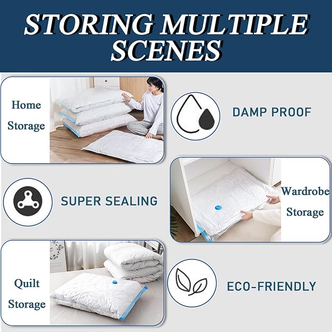 8 Pack Vacuum Storage Bags, Space Saver Bags (8Jumbo/1Hand pump） Compressed storage bags for clothing, comfort items, and blankets-NeatNest