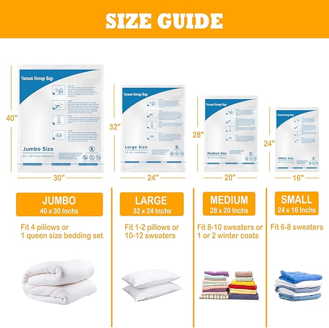 Vacuum Storage Bags 8 Combo (3 Jumbo/3Large/2 Medium), Space Saver Sealer Bags,Plastic Packaging Bags, Airtight Compression Bags for Clothes, Pillows, Comforters, Blankets, Bedding-NeatNest
