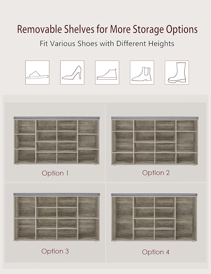DINZI LVJ Shoe Storage Bench with Cushion, 14-Cubby Shoe Rack, Adjustable Shelves, Multifunctional Shoe Organizer Bench for Entryway, Mudroom, Hallway, Living Room, Bedroom and Garage, Gray Wash-NeatNest