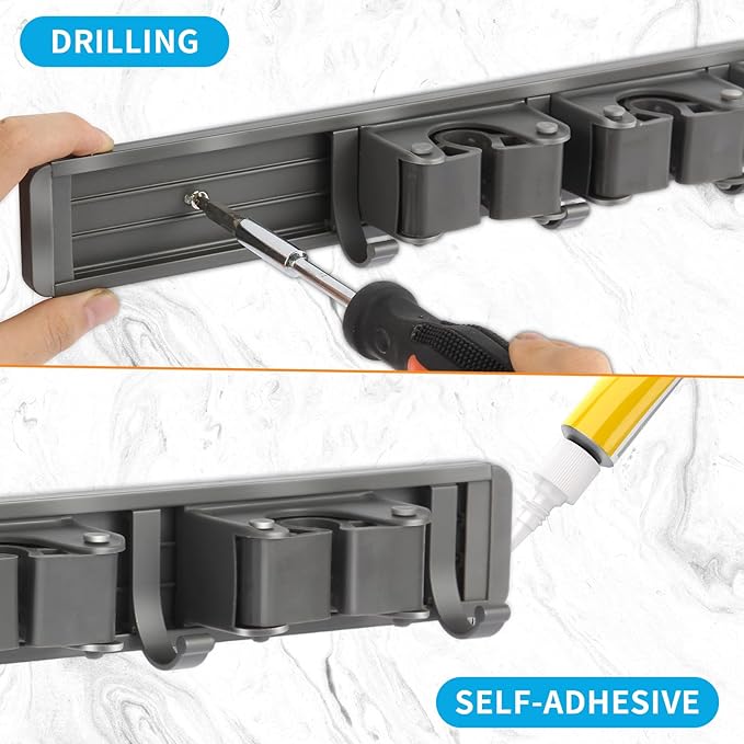Broom Holder Wall Mount, Aluminum Mop and Broom Holder Hanger with 3 Racks and 4 Hooks, Mop Holder for Laundry Garage Tool Organization-NeatNest