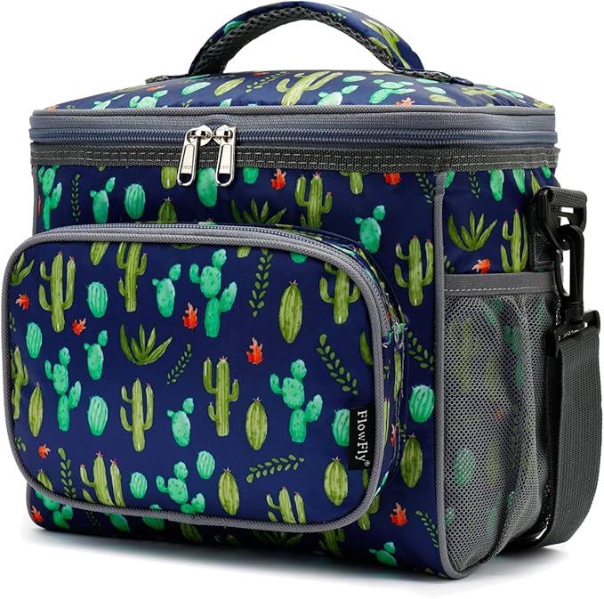 FlowFly Insulated Reusable Lunch Bag Adult Large Lunch Box for Women and Men with Adjustable Shoulder Strap,Front Zipper Pocket and Dual Large Mesh Side Pockets,Cactus-NeatNest