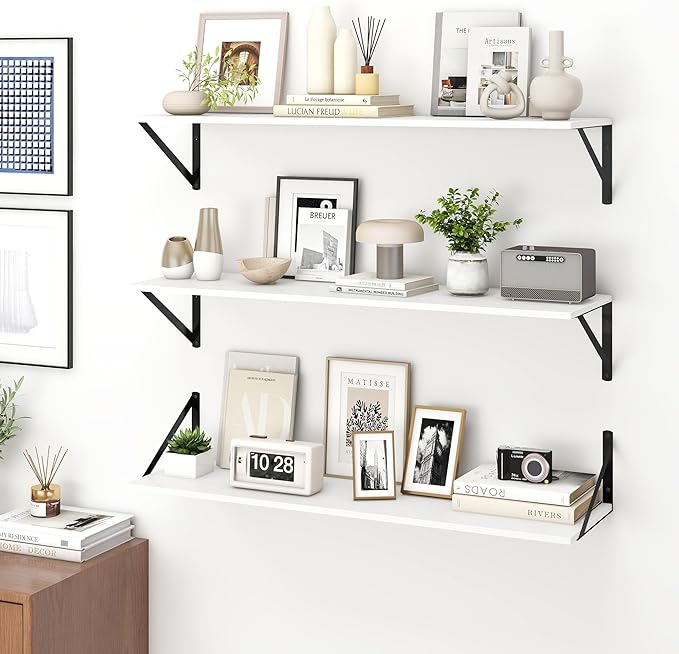 Fun Memories Deep Floating Shelves for Wall, 36W x 8D Wall Mounted Shelves Set of 2, Wide Display Ledge Shelf with Sturdy Metal Brackets for Living Room, Bathroom, Bedroom and Kitchen, White-NeatNest
