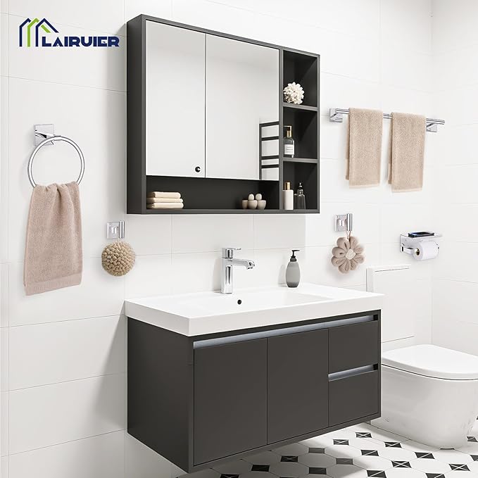 5PCS Polish Chrome Bathroom Hardware Set, SUS304 Stainless Steel Towel Bar Set-23.6 inches Towel Bar, Toilet Paper Holder with Shelf, Towel Ring and Two Towel Hooks, Towel Holder Set Wall-Mounted