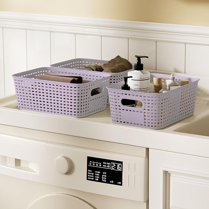 6-Pack Small 5 Qt Stackable Storage Bins with Bamboo Lids - Decorative Cute Plastic Baskets Boxes Containers with Labels for Organizing Shelves, Classroom, Closet, Desktop, Office - Purple-NeatNest