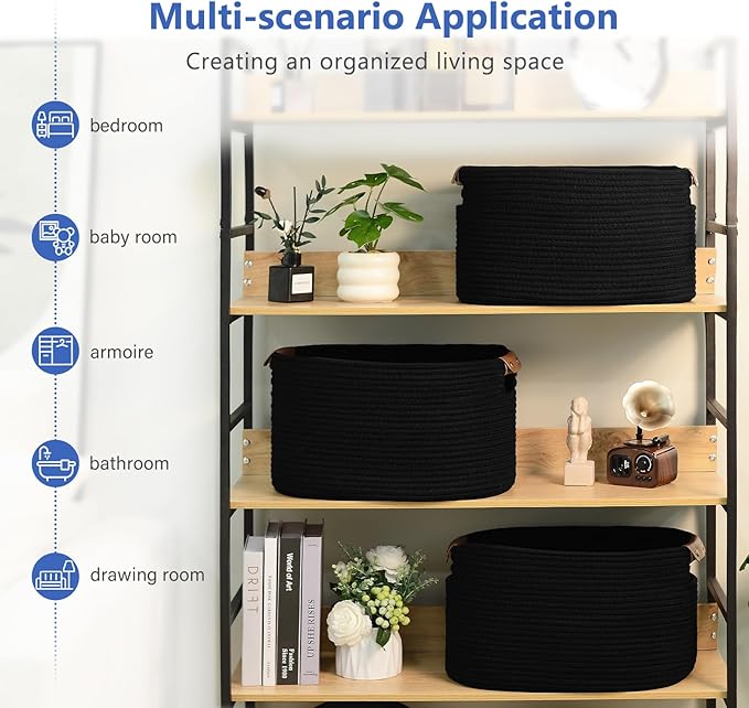 Cotton Rope Basket, Storage Baskets with Handle, 15x10x9 Inch Woven Basket for Shelves, Laundry, Towels, Clothes, Books, Toys (Black 2Pack)-NeatNest