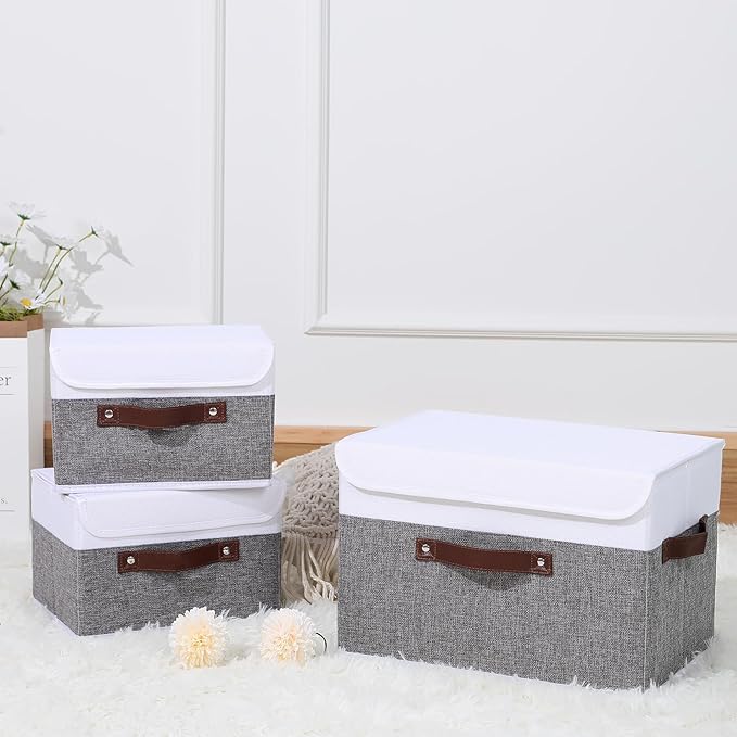 ANMINY 2PCS Storage Boxes with Lid Washable Decorative Storage Bins Basket with PU Leather Handle Foldable Linen Fabric Storage Cubes Containers for Home Closet Organizer - Gray White, Large Size-NeatNest