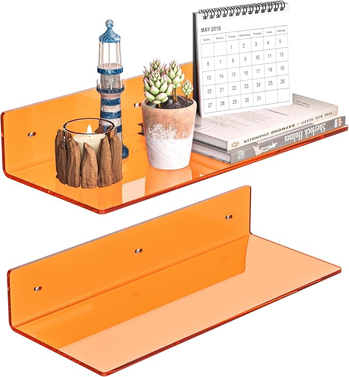 15 Inches Orange Acrylic Wall Shelves 2 Pack, L Shape Floating Shelf, Perspex Wall Mounted Shelves for Wall Décor, Moel Car, Candle, Calendar, Towel, Tissue-NeatNest