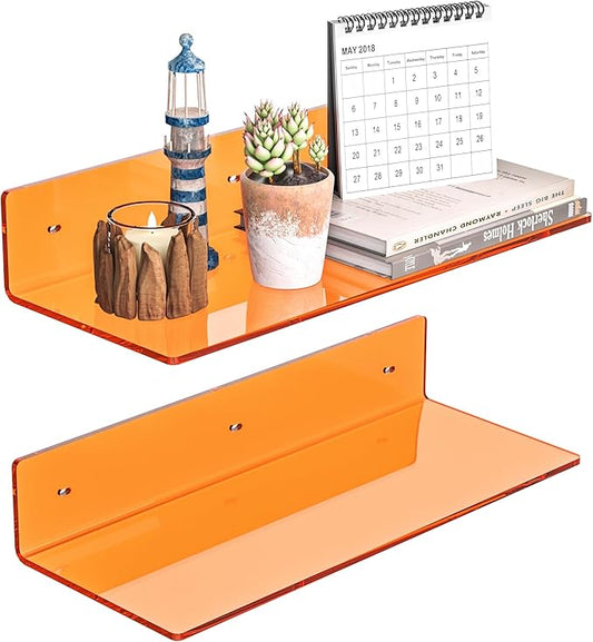 15 Inches Orange Acrylic Wall Shelves 2 Pack, L Shape Floating Shelf, Perspex Wall Mounted Shelves for Wall Décor, Moel Car, Candle, Calendar, Towel, Tissue-NeatNest