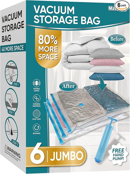 Space Saver Vacuum Storage Bags, 6 Pack Jumbo Space Saver Bags with Pump, Storage Vacuum Sealed Bags for Clothes, Comforters, Blankets, Bedding (Jumbo)-NeatNest