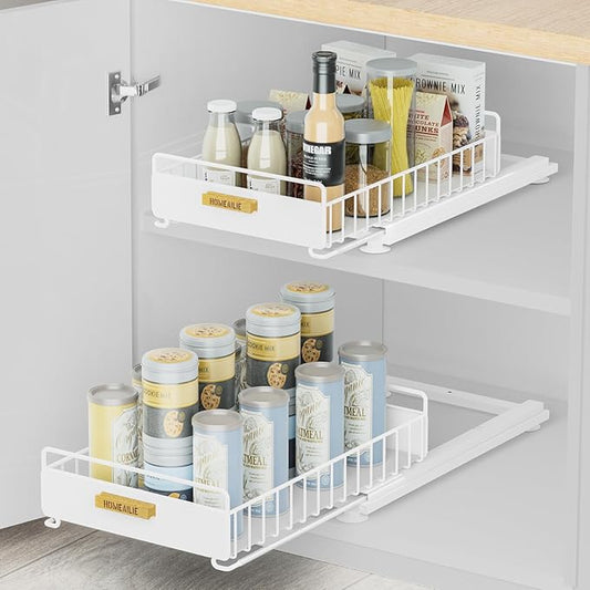 Under Sink Organizer, 2 Packs Under Sink Organizers and Storage, Slide Out Pull Out Cabinet Organizer Shelf with Metal Drawers for Kitchen Bathroom Pantry, White-NeatNest