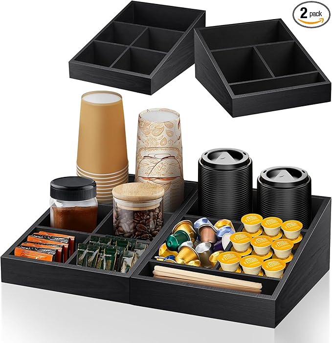 Coffee Station Organizer Coffee Condiment Service Tray with 9 Compartment for Counter, Wood Coffee Bar Supplies Organizer for Home Office Breakroom Two-in-One Black-NeatNest