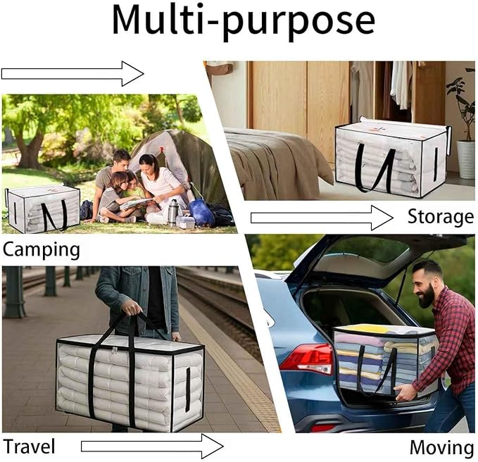Extra Large Heavy Duty Moving Bags - Waterproof Storage Totes with Reinforced Handles & Zippers, Foldable for College Dorm Essentials, Clothes Storage & Travel (4-Pack Clear)