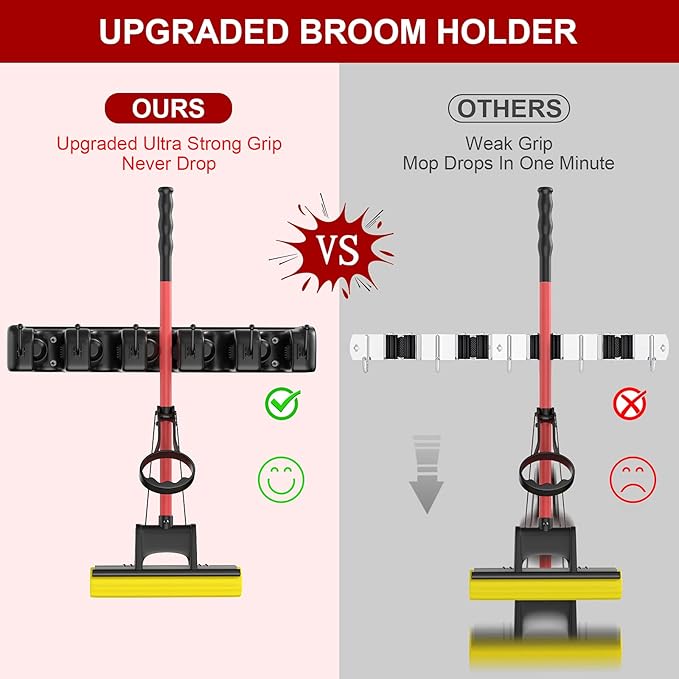 LETMY Broom Holder Wall Mount - Mop and Broom Hanger Holder - Garage Storage Rack & Garden Tool Organizer - 5 Position 6 Hooks Broom Rack for Home, kitchen, Garden, Tools, Garage Organization - Black-NeatNest