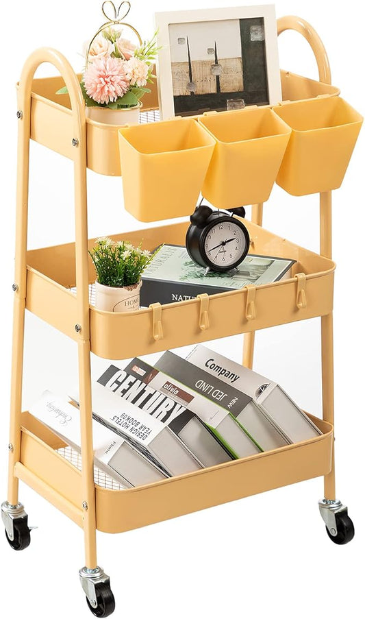 danpinera 3-Tier Rolling Cart, Metal Rolling Storage Cart with Lockable Wheels & Hanging Cups & Hooks, Mobile Trolley for Kitchen, Bathroom, Office, Workshop, Yellow-NeatNest
