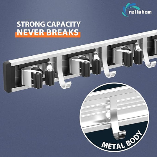 Broom Holder Wall Mount Mop and Broom Hanger Wall Mounted Garage Storage Rack Kitchen Garden Tool Organizer (5 Racks with 4 Hooks, Black)-NeatNest