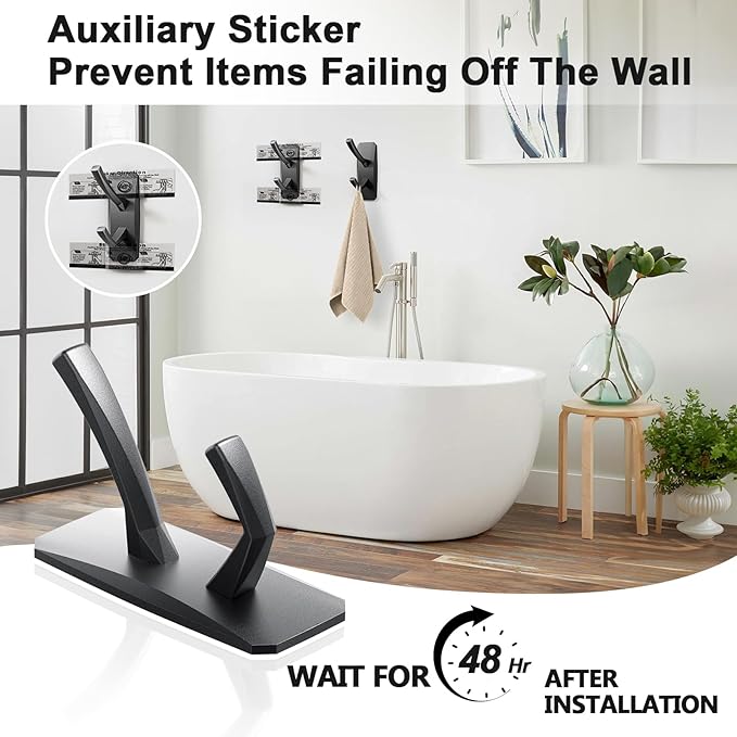 INVIHUG, Large Size Modern Adhesive Wall Hooks, Heavy Duty RV Hooks for Hanging Towel, Robe, Loofah, Coat in Kitchen, Bathroom and Office Wall Mount (4-Packs, Black)