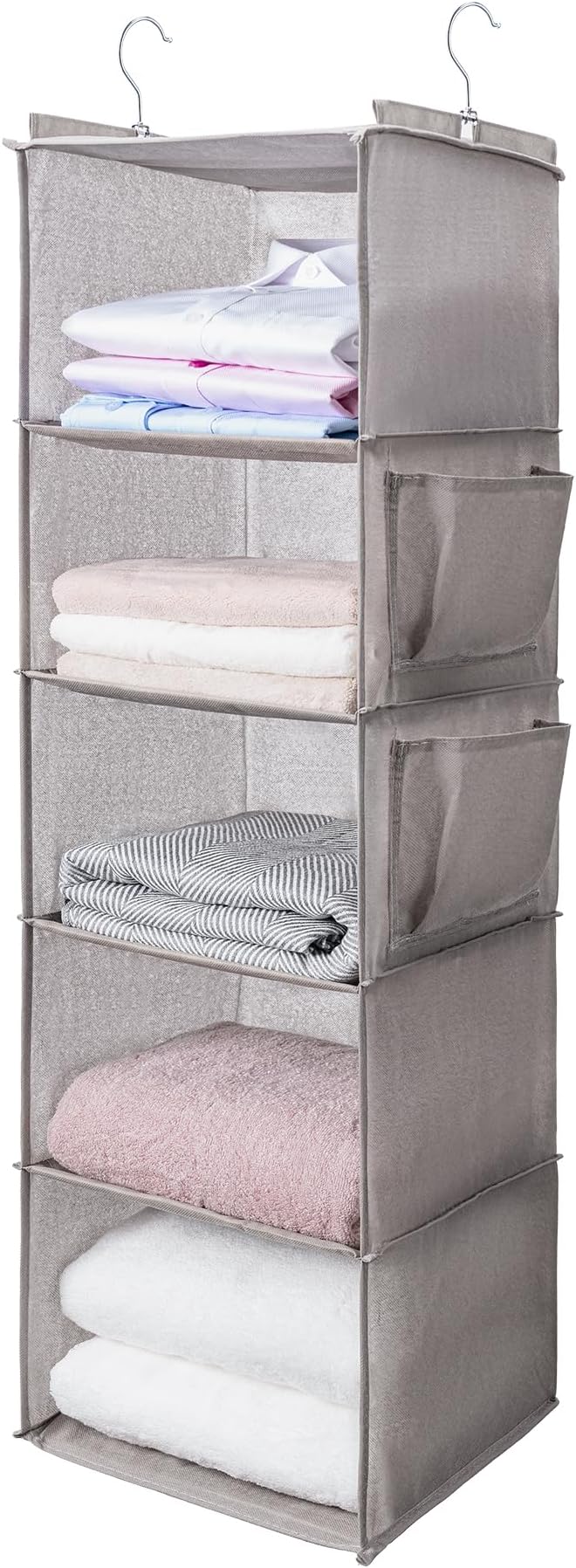 BOOMIBOO Hanging Closet Organize and Shelves，5-Hanging Shelf with 2 Side Pockets，Storage Foldable （Light Grey）-NeatNest