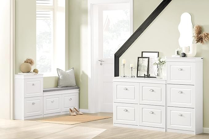 SoBuy White Shoe Cabinet with 4 Flip Drawers, Large Freestanding Shoe Rack, Modern Shoe Organizer for Entryway, Hallway, Entance FSR79-W-NeatNest