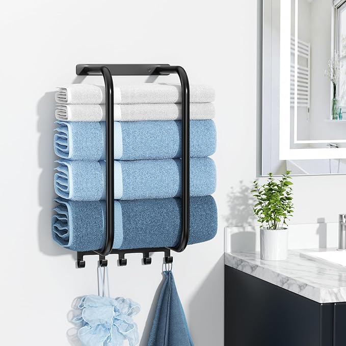 Towel Rack Bathroom Wall Holder: 15.9 Inch Wall Mounted Shower Organizer, for Rolled Towel Storage, 2 Metal Racks Plus Extra 5 Hooks, for Modern Small Space Bathroom, RV Campers (Matte Black)