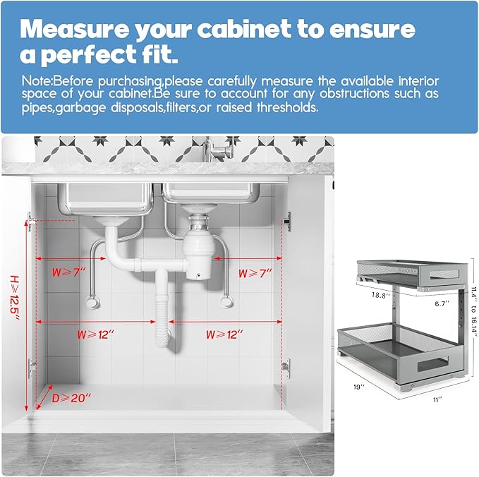 1 Pack 19IN Depth Under Sink Storage Organizer, Large 2-Tier Elegant Mesh Pull Out Shelf for Kitchen and Bathroom Cabinet Organization, L-Shaped and Adjustable Height Design-Gun Gray-NeatNest