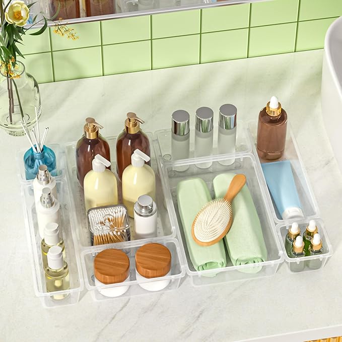27 PCS Clear Plastic Drawer Organizers Set, 4-Size Versatile Bathroom and Vanity Drawer Organizer Trays, Storage Bins for Makeup, Bedroom, Kitchen Gadgets Utensils and Office-NeatNest