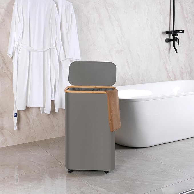 efluky Slim Laundry Basket with Wheels, Narrow Rolling Laundry Hamper with Lid and Removable Bag, Tall Aesthetic Dirty Clothes Hamper on Wheels for Laundry Room, Bedroom, Dorm and Bathroom, 75L Grey-NeatNest