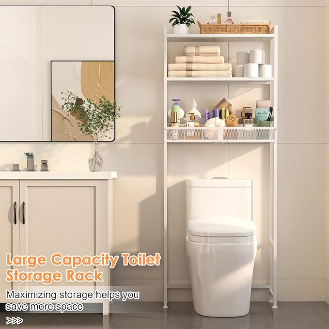 3-Tier Over The Toilet Storage Shelf, Metal Over Toilet Bathroom Organizer with Dividers, Freestanding Bathroom Space Saver Rack with Adjustable Shelf & Feet, White