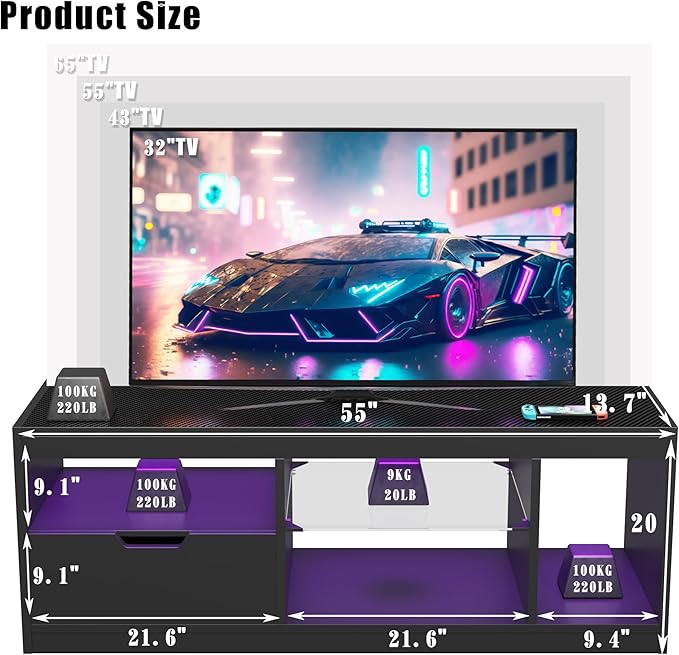 JUMMICO TV Stand, Entertainment Center LED Gaming TV Stand for 65+ Inch TV Carbon Fiber Top, Dynamic RGB Modes TV Cabinet Console with Adjustable Glass Shelves Storage Drawers (Black)-NeatNest