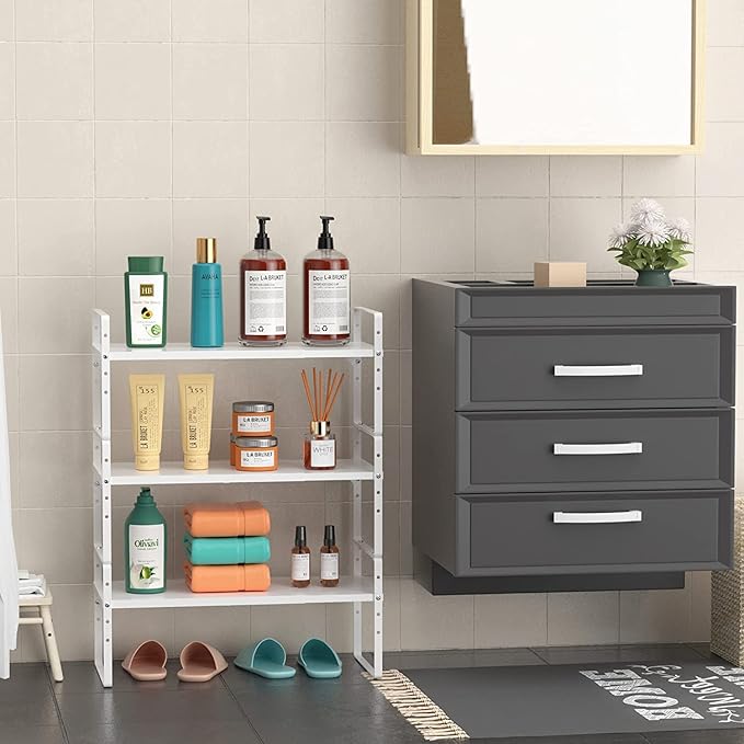 Expandable Kitchen Cabinet Shelf Organizers 3 Pack, Stackable Metal Pantry Storage Shelves Rack, Adjustable Counter Shelf for Cabinets, Countertop, Cupboard Organizers and Storage, White-NeatNest