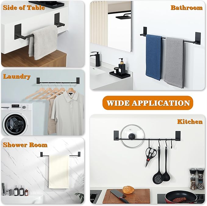 Alise Towel Racks for Bathroom, 16 Inch SUS 304 Stainless Steel Adhesive Towel Bar No Drill, Strong Adhesion Matte Black Towel Rack, Rustproof Bath Towel Holder